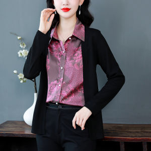 High-End Printed Long Sleeve Shirt Womens Spring Fashion 2024 New Splice Cover Belly Top Polo Collar Loose Fit Premium Quality