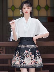 New Chinese Style Imitation Makeup Flower Short Horse-Face Skirt Womens Summer Improvement Ming Short Sleeve Han Dynasty A- line Pleated Skirt