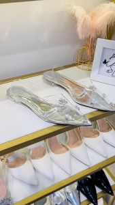 Giày bít bệt bạc đá HALEY STORE gót cao 2cm bít mũi nhọn quai trong suốt đính đá tiểu thư công chúa đi chơi đi tiệc