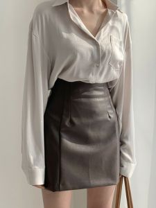 PIAOYA | A-Line High-Waisted PU Mini Pencil Skirt Brown