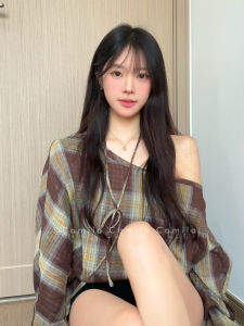 Spicy Sweet Brown Plaid Long Sleeve T-Shirt Womens Shoulder Bared Strap Vintage Spring Summer Top Casual Loose Fit Tee