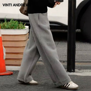Round Collar Black Sweater Grey Straight Leg Trousers Spring Set