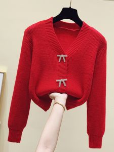 Áo Len Dệt Kim Màu Đỏ Thời Trang Dành Cho Nữ Áo Len Cổ Chữ V Tay Dài Dáng Ôm Chất Liệu Lông Cừu Phong Cách Công Sở Mùa Thu 2024