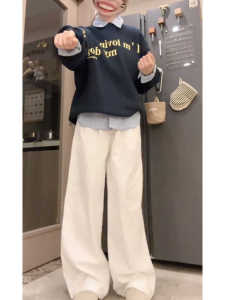 สูง เอว เดรป หลวม ขากว้าง เดนิม กางเกงยีนส์ ผู้หญิงสูงขึ้นขยาย ดีไซน์ ความยาวพื้นตรง กางเกง ลำลอง ฤดูใบไม้ร่วง สวมใส่