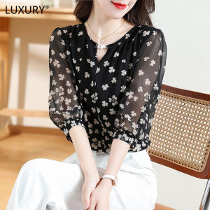 LUXURY Queen 2023 Summer New Fragmented Chiffon Blouse Womens 3/4 Sleeves Show Slim Fashion Temperament Reduce Age Versatile Western Style Top