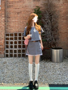 Womens Korean-Style Dress with Gold Style Gray Short Sleeve Tops Lace Skirt Short Skirt Preppy Style Womens Summer Suit