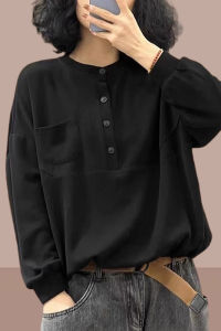 เสื้อสเวตเตอร์คอกลมแขนยาวหลวมๆ ผ้าฝ้ายแท้สำหรับผู้หญิง ฤดูใบไม้ผลิและฤดูใบไม้ร่วง เสื้อคลุมกันหนาวแบบสวมหัว ดีไซน์ใหม่ สำหรับคุณแม่วัยกลางคน