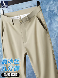 Kangaroo Ice Silk Nine-Foot Casual Pants Mens Summer Thin High Elasticity Iron-Free Straight Leg Summer Business Small West Pants
