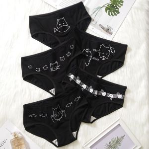 5pcs bông đồ lót Mèo hoạt hình in ấn quần lót cho nữ Phụ nữ thoáng khí ngoại cỡ nội y nữ Bộ