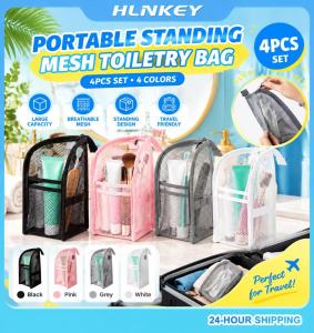 HLINKEY 4PCS Standing Mesh Toiletry Bag Portable Travel Makeup Organizer Waterproof EVA Cosmetic Pouch With Hook For Bathroom Shower Gym