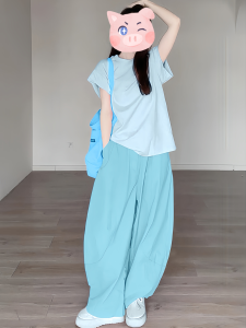 VKSOD | Summer Set Petite Stylish Sky Blue Round Neck Top Womens Matching Dopamine Casual Loose Wide Leg Pants