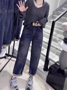 กางเกงยีนส์ทรงหลวมสไตล์ฮาราจูกุสำหรับผู้หญิง กางเกงขายาวทรงหลวมสไตล์ย้อนยุคสไตล์อเมริกันไซส์ใหญ่ กางเกงขายาวทรงหลวม