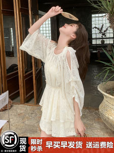 Sun Protection Lace Shoulder Bared Beach Vacation Womens Summer 2025 Fashion Set Short Pants Two Piece Suit round Neck Sleeve