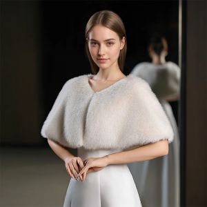 A Handmade Solid Color Polyester Faux Fur Womens Shawl for Winter Weddings and Parties Warm Decorative Cape