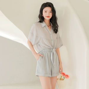 ชุดเสื้อเชิ้ตแขนสั้นเข้ารูปสไตล์สาวฮอตพร้อมกระโปรงสั้นลำลอง ชุดสองชิ้นสำหรับผู้หญิง ฤดูร้อน 2025 คอปกปิด แขนยาว ปกติ