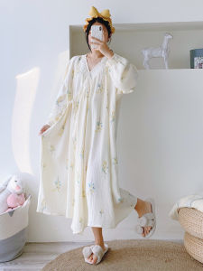 plus Size Long Sleeve Pure Cotton Double Layered Sleep Dress Open Cardigan Robe Loose Maternity Nursing Home Clothes