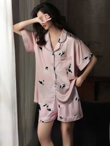 MiiOW | Ice Silk Summer Sleepwear Womens Short Sleeve Shorts Cool Sensation Breathable High-End Feeling Quick Dry Ladies Home Clothes