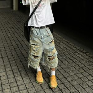 กางเกงยีนส์ทรงลำลองทรงหลวมเอวสูงขากระบอกกลมสไตล์อเมริกัน กางเกงขาสั้นทรงหลวมแบบลำลองสำหรับผู้ชาย กางเกงยีนส์ทรงลำลองสำหรับฤดูร้อน