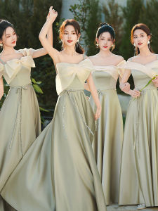 Green Satin Dress Elegant Pearl Embellished Midi Dress for Bridesmaid Adult Ceremony Graduation Daily Wear Polyester Fiber