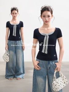 BAIDAIFEI | Navy Stripe Mandarin Collar False Two Pieces Short Sleeve T-Shirt