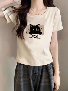 Retro American Short Sleeve U-neck T-shirt Womens Summer New Fashion Slimming Print Top Butterfly Knot Straight Cut Cotton