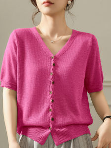 DONGYINUAN | Summer New Style V-Neck Knit Cardigan Short Sleeve Pink Lightweight Outerwear