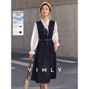 Vimly | Đầm Jeans Xanh Nhạt Elegent Không Tay Có Đai