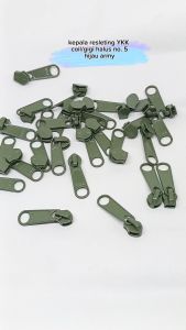 Kepala Resleting Kepala Zipper YKK Type Gigi Coil Halus Nomor 5 Warna Hijau Army Harga Per Lusin 12 Biji