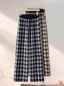 กางเกงขายาวทรงตรงเอวสูงลายสก็อตย้อนยุคสำหรับผู้หญิงไซส์ใหญ่ กางเกงขายาวลำลองฤดูใบไม้ร่วง/ฤดูหนาว กางเกงกีฬาทรงตรง