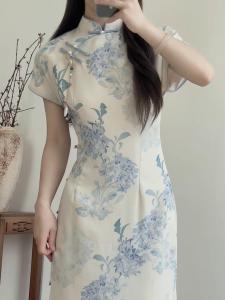 Elegant Young Girls Reformed Cheongsam Dress Summer 2025 Daily Wear Retro Style High Quality Polyester Fiber Long Qipao Dress