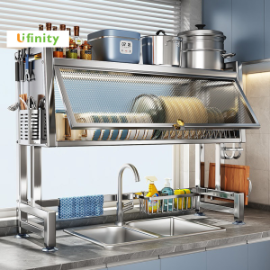 Lifinity Stainless Steel Over Sink Rack with Cover 304 Rustproof Large Capacity Dish Cabinet Kitchen Organizer
