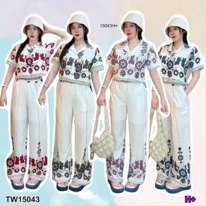 B15043 Set 2 ชิ้น เสื้อเชิ้ตครอปลายดอกไม้ + กางเกงขายาว Set of 2 pieces. Floral shirt + pants