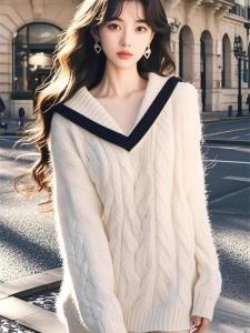 Loose Korean Style Womens Navy Collar Sweater Autumn Winter Soft Cozy Lazy Style Versatile Knitted Shirt Long Sleeve Polyester Fiber