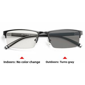 Mens Semi-Rimmed Glasses Color Changing Anti-blue Light UV Protection Automatic Light Sensing Near-Sightedness Prescription Glasses