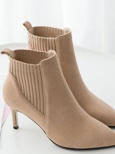 ผ้าขนแกะ รองเท้าบู๊ตทรงเข้ารูปเรียงราย ผู้หญิง ฤดูใบไม้ผลิ ฤดูใบไม้ร่วง ยืดได้ รองเท้าบูทซ็อกเก็ตส้นแหลมส้นบางรองเท้าส้นสูง ฤดูหนาว Bare Boot