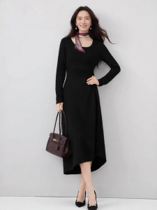 XIANGYING | Black Knit Dress Square Neck Slim Fit A-line