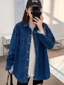 Spring and Autumn Denim Shirt Jacket Female Plus Size Plus Size Ladies Student Loose K-style Base Hong Kong Style Retro All-Matching Shirt