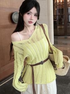 GUZILIAN | Spring Autumn Lazy Style V-Neck Long Sleeve Knitted Loose Fit Stripe Hollow Out Belted Sun Protection Shirt Korean Version Thin Model