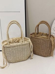 กระเป๋าถือผ้าใบถักสไตล์เกาหลี กระเป๋าชายหาดสำหรับผู้หญิง กระเป๋าถือสำหรับวันหยุด ช้อปปิ้ง กระเป๋าถือแบบถักลายดอกไม้ กระเป๋าถือทรงสี่เหลี่ยมเล็ก