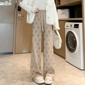 กางเกงขายาวทรงหลวมเอวสูงผ้ากำมะหยี่ปักลายสำหรับผู้หญิงในฤดูใบไม้ร่วงและฤดูหนาว กางเกงขายาวทรงตรงลำลองสำหรับผู้หญิง