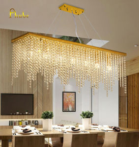 Luxury Rectangular Crystal Chandelier Modern Led Tassels Linear Raindrop Ceiling Pendant Light Fixture for Dining Room Living Room Kitchen Island