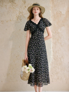 XIANGYING | Hepburn Style Black Floral French Slimming Dress