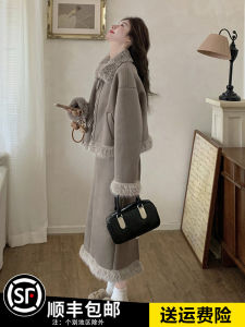 ชุดสองชิ้นผ้าขนแกะสีเทา แฟชั่นฤดูใบไม้ร่วง/ฤดูหนาว กระโปรงสั้นหนังผสมขนสัตว์หนา ชุดสองชิ้น สไตล์เกาหลี สำหรับผู้หญิง