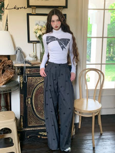 เสื้อยืดคอตั้งแขนยาวพิมพ์ลายผีเสื้อ LKONE เสื้อชั้นในสีขาวคอตั้งแขนยาวสำหรับผู้หญิงวัย 18-24 ปี