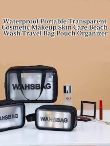 Waterproof Portable Transparent Cosmetic Makeup Skin Care Beach Travel Wash Bag Pouch Organizer Large Capacity PVC 3-Piece Set