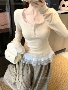 GUZILIAN | Autumn Winter New Style Pure Desire High End Lace Splicing Hem Soft Knitted Base Shirt Womens Top Simple Commute Style