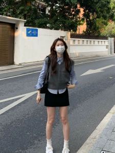 Academy Style Womens Knitted Sleeveless Vest And Long Sleeve Shirt Two-Piece Set for Autumn Winter Small Size Fashion