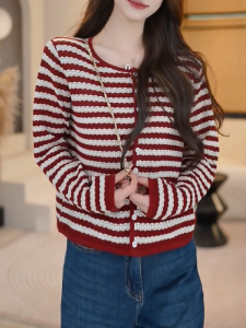 QINGNAER | Elegant Stripe Knit Cardigan Sweater