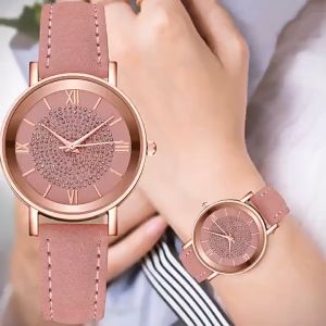 HAMURA COD W1 Jam Tangan Geneva Romawi Berlian Jam Tangan Kuarsa Analog Wanita Tampilan Retro Jam tangan Tali Kulit PU Jam Tangan Wanita Quartz Import Korean Watch