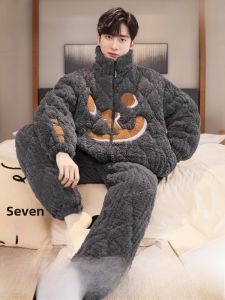MiiOW | Mens Winter Thickened Fleece Pajamas Coral Velvet Home Clothes Set Warm Sleepwear Long Sleeve Long Pants Stand Collar Jacket